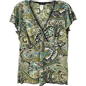 Perseption Concept Vintage Women's Y2K Top Green/Blue Paisley Print Boho Size M